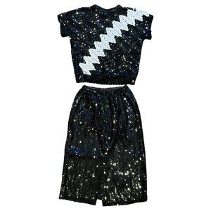 Vintage Lillie Rubin Black & White Lightning Bolt Sequin Top & Skirt Small
